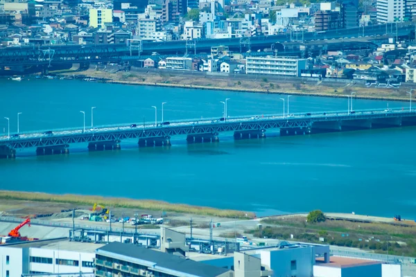 Panorama Stadsbild Nära Yodo Floden Osaka Telefonbild Högkvalitativt Foto Asahi — Stockfoto