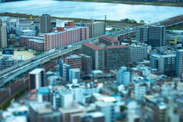Uma Paisagem Urbana Miniatura Perto Rio Yodo Osaka Foto Alta — Fotografia de Stock