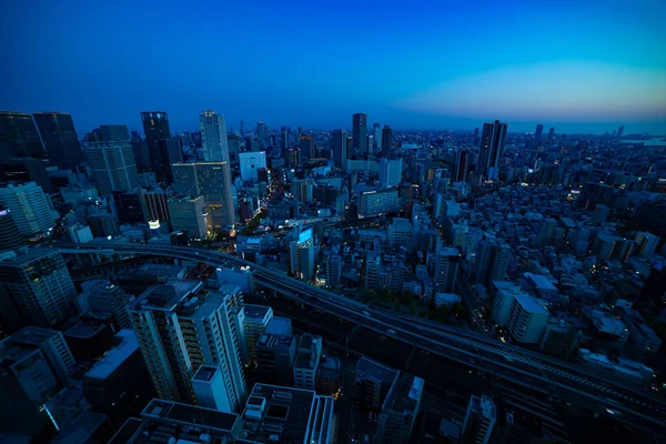 Skymning Panorama Stadsbild Nära Järnvägen Osaka Bred Skott Högkvalitativt Foto — Stockfoto