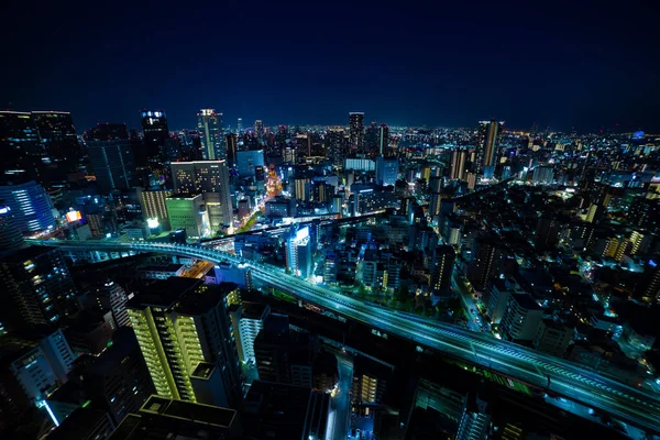 Paisaje Urbano Panorámico Nocturno Cerca Del Ferrocarril Osaka Foto Alta —  Fotos de Stock