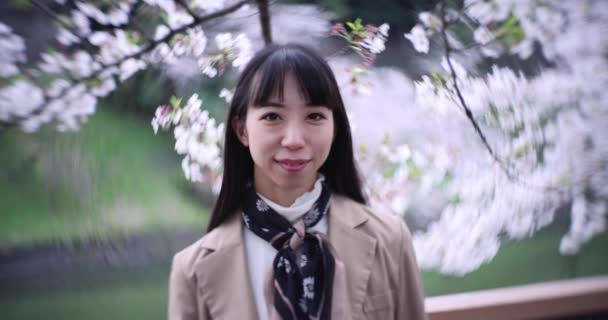 Wolny Ruch Japońskiej Kobiety Portret Wiśniowym Kwiatem Tokio Wysokiej Jakości — Wideo stockowe