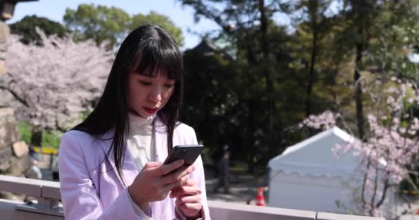 Портрет Японки Называющей Смартфон Ручным Цветком Вишни Высококачественные Кадры Район — стоковое видео