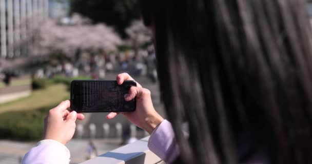 Retrato Mulher Japonesa Atirando Por Smartphone Atrás Flor Cerejeira Imagens — Vídeo de Stock