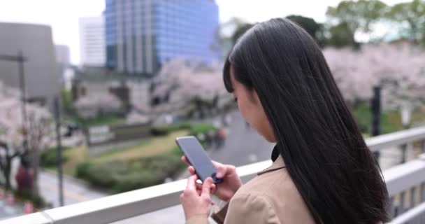 Портрет Японской Женщины Стреляющей Смартфону Цветущей Вишней Высококачественные Кадры Район — стоковое видео