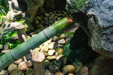 Zen Garden 'daki Japon Bambu Su Çeşmesi Shishi-Odoshi. Yüksek kalite fotoğraf. Kokubunji Bölgesi Tokyo 07.04.2023 Buna Shishi Odoshi denir..