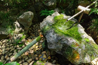 Zen Garden 'daki Japon Bambu Su Çeşmesi Shishi-Odoshi. Yüksek kalite fotoğraf. Kokubunji Bölgesi Tokyo 07.04.2023 Buna Shishi Odoshi denir..