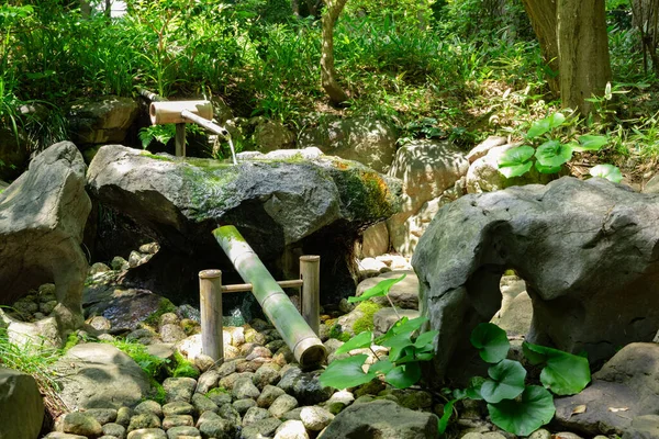 Een Japanse Bamboo Water Fountain Shishi Odoshi Zen Garden Hoge — Stockfoto
