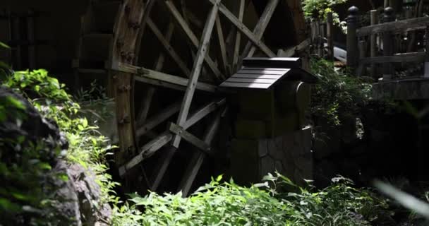 Ett Historiskt Trähjul Vattenytan Tokyo Högkvalitativ Film Chofu District Tokyo — Stockvideo