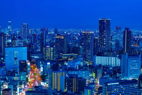 Skymning Stadsbild Hög Vinkel Utsikt Nära Kontorsbyggnaderna Osaka Högkvalitativt Foto — Stockfoto