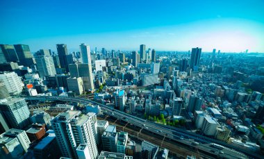 Osaka 'daki otoyolun yakınında bir şehir manzarası. Yüksek kalite 4K görüntü. Asahi Bölgesi Osaka Japonya 04.10.2023 Burası Osaka 'daki Takarazuka Demiryolu yakınında.. 