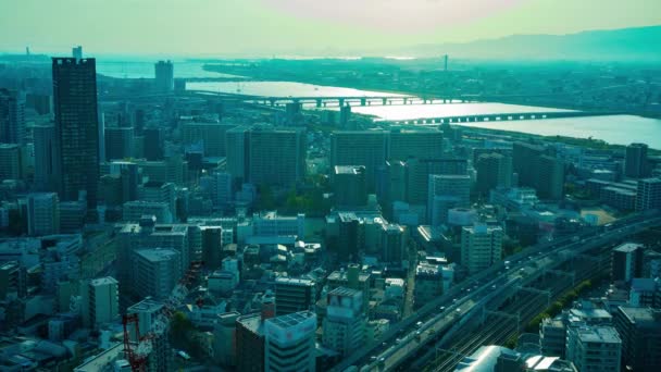 Solnedgång Timelapse Panorama Stadsbild Nära Yodo Floden Osaka Högkvalitativ Film — Stockvideo