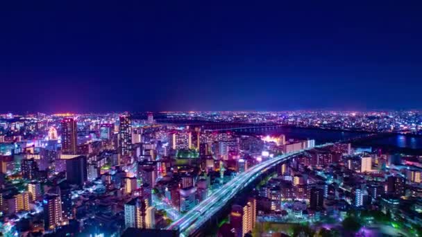 Lapso Tiempo Nocturno Paisaje Urbano Cerca Del Río Yodo Osaka — Vídeos de Stock