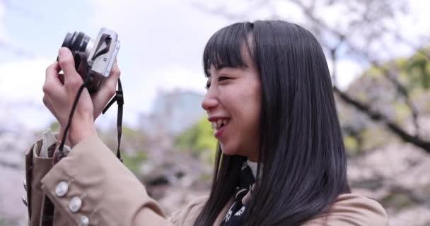 Retrato Mulher Japonesa Atirando Por Câmera Mirrorless Atrás Flor Cereja — Vídeo de Stock