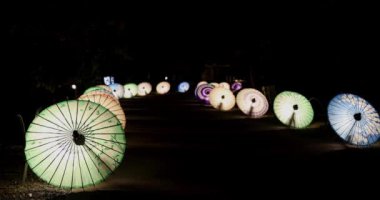 Kış gecelerinde Tachikawa Parkı 'nda elde taşınan aydınlatılmış bir şemsiye. Yüksek kalite 4K görüntü. Tachikawa bölgesi Tokyo 11.13.2023 bir Japon şemsiyesidir..