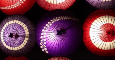 Kış gecelerinde Tachikawa Parkı 'nda elde taşınan aydınlatılmış bir şemsiye. Yüksek kalite 4K görüntü. Tachikawa bölgesi Tokyo 11.13.2023 bir Japon şemsiyesidir..