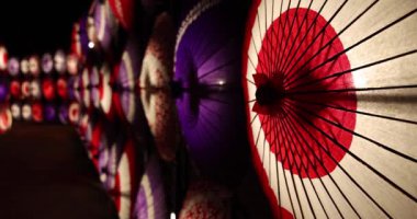 Kış gecelerinde Tachikawa Parkı 'nda elde taşınan aydınlatılmış bir şemsiye. Yüksek kalite 4K görüntü. Tachikawa bölgesi Tokyo 11.13.2023 bir Japon şemsiyesidir..