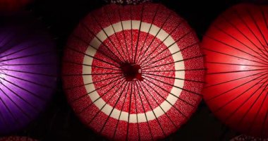 Kış gecelerinde Tachikawa Parkı 'nda elde taşınan aydınlatılmış bir şemsiye. Yüksek kalite 4K görüntü. Tachikawa bölgesi Tokyo 11.13.2023 bir Japon şemsiyesidir..