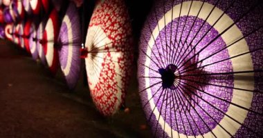 Kış gecelerinde Tachikawa Parkı 'nda elde taşınan aydınlatılmış bir şemsiye. Yüksek kalite 4K görüntü. Tachikawa bölgesi Tokyo 11.13.2023 bir Japon şemsiyesidir..