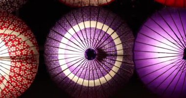 Kış gecelerinde Tachikawa Parkı 'nda elde taşınan aydınlatılmış bir şemsiye. Yüksek kalite 4K görüntü. Tachikawa bölgesi Tokyo 11.13.2023 bir Japon şemsiyesidir..