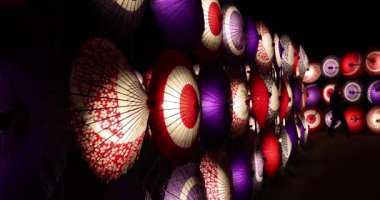 Kış gecelerinde Tachikawa Parkı 'nda elde taşınan aydınlatılmış bir şemsiye. Yüksek kalite 4K görüntü. Tachikawa bölgesi Tokyo 11.13.2023 bir Japon şemsiyesidir..