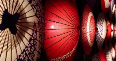 Kış gecelerinde Tachikawa Parkı 'nda elde taşınan aydınlatılmış bir şemsiye. Yüksek kalite 4K görüntü. Tachikawa bölgesi Tokyo 11.13.2023 bir Japon şemsiyesidir..