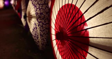 Kış gecelerinde Tachikawa Parkı 'nda elde taşınan aydınlatılmış bir şemsiye. Yüksek kalite 4K görüntü. Tachikawa bölgesi Tokyo 11.13.2023 bir Japon şemsiyesidir..