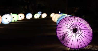 Kış gecelerinde Tachikawa Parkı 'nda elde taşınan aydınlatılmış bir şemsiye. Yüksek kalite 4K görüntü. Tachikawa bölgesi Tokyo 11.13.2023 bir Japon şemsiyesidir..