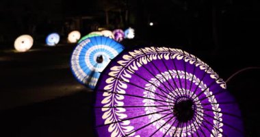 Kış gecelerinde Tachikawa Parkı 'nda elde taşınan aydınlatılmış bir şemsiye. Yüksek kalite 4K görüntü. Tachikawa bölgesi Tokyo 11.13.2023 bir Japon şemsiyesidir..