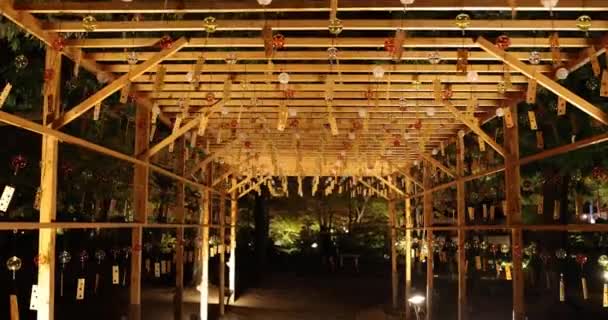 Eine Beleuchtete Windglocke Japanischen Garten Während Der Winternächte Hochwertiges Filmmaterial — Stockvideo