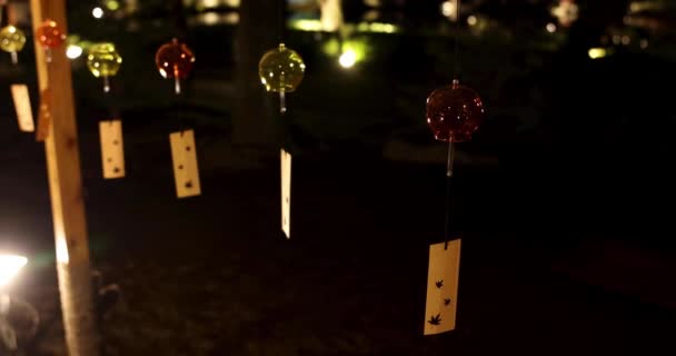 Eine Beleuchtete Windglocke Japanischen Garten Während Der Winternächte Hochwertiges Filmmaterial — Stockvideo