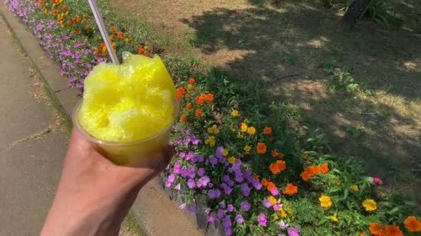Shaved Ice Lemon Syrup Left Hand Sunny Day Close High — Stock Video