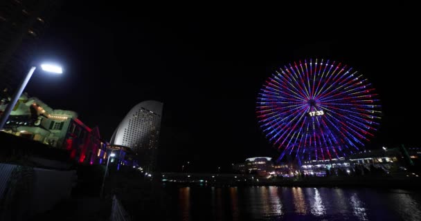 Ночное Вращающееся Колесо Обозрения Городе Иокогама Высококачественные Кадры Yokohama Район — стоковое видео