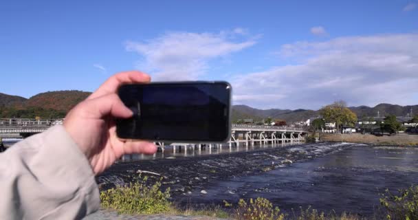Most Togetsukyo Pobliżu Rzeki Katsuragawa Kioto Wysokiej Jakości Materiał Dystrykt — Wideo stockowe