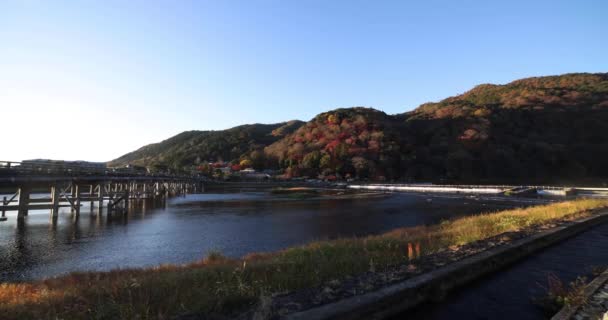 Pont Togetsukyo Près Rivière Katsuragawa Kyoto Images Haute Qualité Kyoto — Video