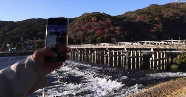 Мост Тогецукё Возле Реки Кацурагава Киото Высококачественные Кадры Киотский Район — стоковое видео