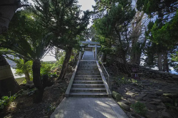 Numazu Shizuoka 'daki Ose tapınağında eski bir kapı Torii. Yüksek kalite fotoğraf. Numazu bölgesi Osezaki Shizuoka Japonya 01.26.2023