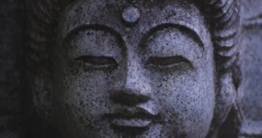 Japon tapınağında bir Budizm taşı heykeli. Yüksek kalite 4K görüntü. Higashimurayama Bölgesi Tokyo Japonya 11.14.2024 Japon tapınağında bulunan bir dinsel taş heykel..