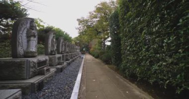 Japon tapınağında bir Budizm taşı heykeli. Yüksek kalite 4K görüntü. Higashimurayama Bölgesi Tokyo Japonya 11.14.2024 Japon tapınağında bulunan bir dinsel taş heykel..