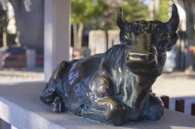 Kameido Tenjin tapınağında bir inek heykeli. Yüksek kalite fotoğraf. Kouto Bölgesi Kameido Tokyo Japonya 01.12.2023 Tokyo 'da geleneksel bir bölgedir..