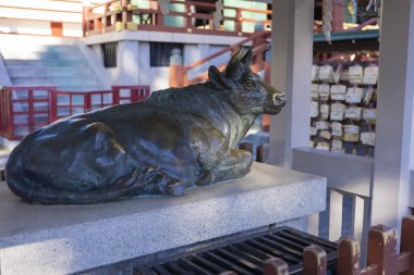 Kameido Tenjin tapınağında bir inek heykeli. Yüksek kalite fotoğraf. Kouto Bölgesi Kameido Tokyo Japonya 01.12.2023 Tokyo 'da geleneksel bir bölgedir..