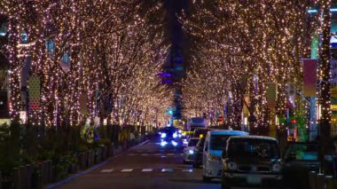 Tokyo 'nun aydınlık caddesinde yürüyen insanların bir gece programı. Yüksek kalite 4K görüntü. Chiyoda bölgesi Otemachi Tokyo Japonya 01.16.2025 Tokyo 'nun merkezidir.. 