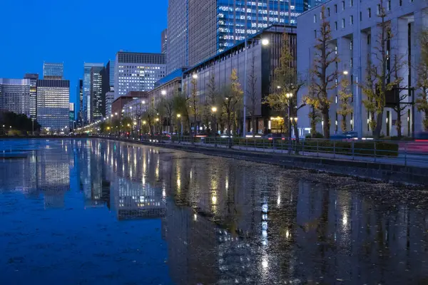 İş kasabasındaki gingko ağacı caddesinde alacakaranlık trafiği sıkışık. Yüksek kalite fotoğraf. Chiyoda bölgesi Otemachi Tokyo 04.04.2025 Tokyo 'nun merkezidir.. 