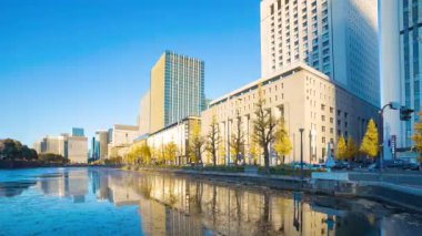 Otemachi Tokyo 'daki Ginggko Tree Caddesi' nde trafik sıkışıklığının alacakaranlık zamanı. Yüksek kalite 4K görüntü. Chiyoda bölgesi Otemachi Tokyo 04.04.2025 Tokyo 'nun merkezidir.. 