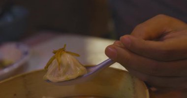 Xiao long bao buharlı sepetin içinde, el kamerasıyla çekildi. Yüksek kalite 4K görüntü. 04.13.2025 Tayvan 'da geleneksel bir yemektir..