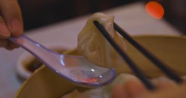 Xiao long bao buharlı sepetin içinde, el kamerasıyla çekildi. Yüksek kalite 4K görüntü. 04.13.2025 Tayvan 'da geleneksel bir yemektir..