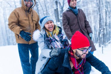 Dört mutlu arkadaş eğleniyor ve kar atıyorlar..