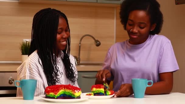 Multiethnic Lovely Same Sex Lovers Feeding Each Other Rainbow Cake — Stock Video