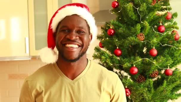 サンタ ハットに白雪姫の笑顔をしたアフロ アメリカンはクリスマスツリーの近くの家でカメラを見て — ストック動画