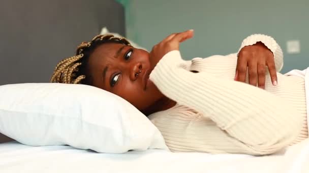 African American Woman Trying Sleep Phone Woke Her — Stock Video