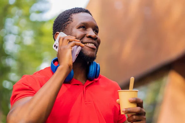 Young Afro American Man Headphones Neck Using Smartphone Summer Park — Fotografia de Stock